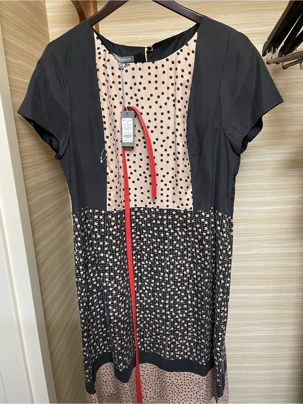 Laura Ashley Silk Black and Blush Polka Dot Dress • NWT Sz 18